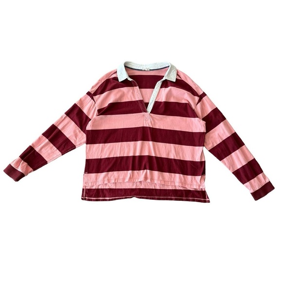 Pilcro Tops - Anthropologie Pilcro Striped Cotton Pink White & Burgundy Rugby Polo Shirt Sz L